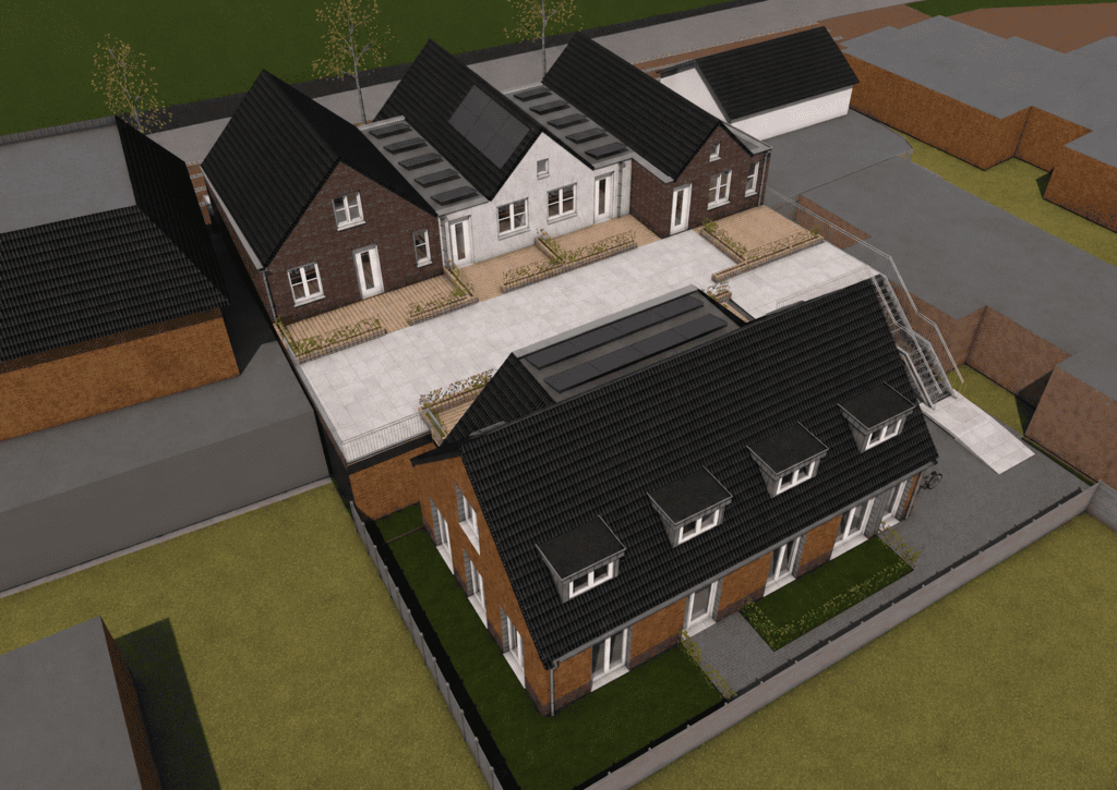 Nieuwe woningbouw, duurzame materialen, moderne architectuur, tuin en oprit.