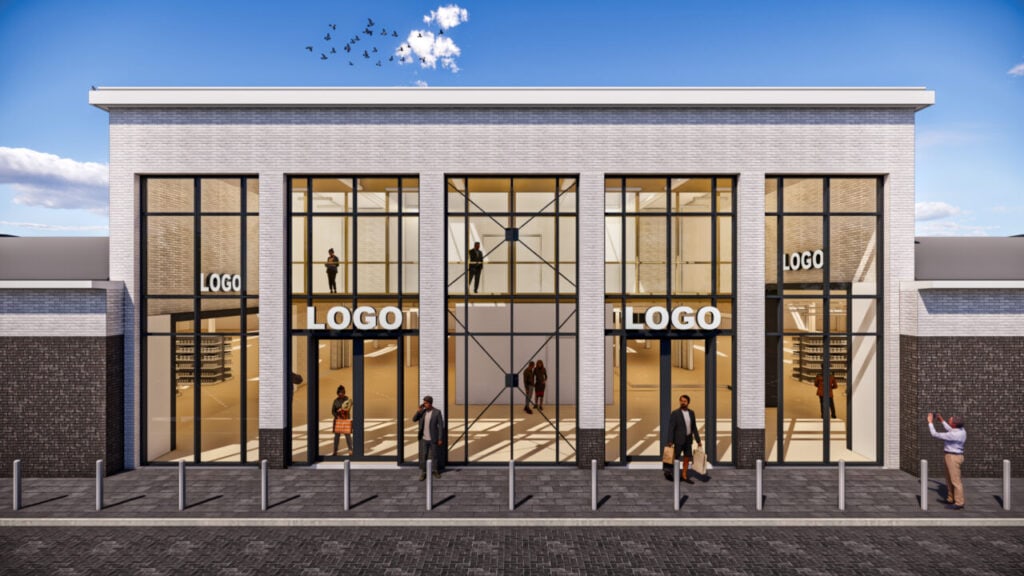 Modern winkelpand met grote glazen gevels en logo's, ontworpen door JCVANKESSEL BOUW voor retail en.