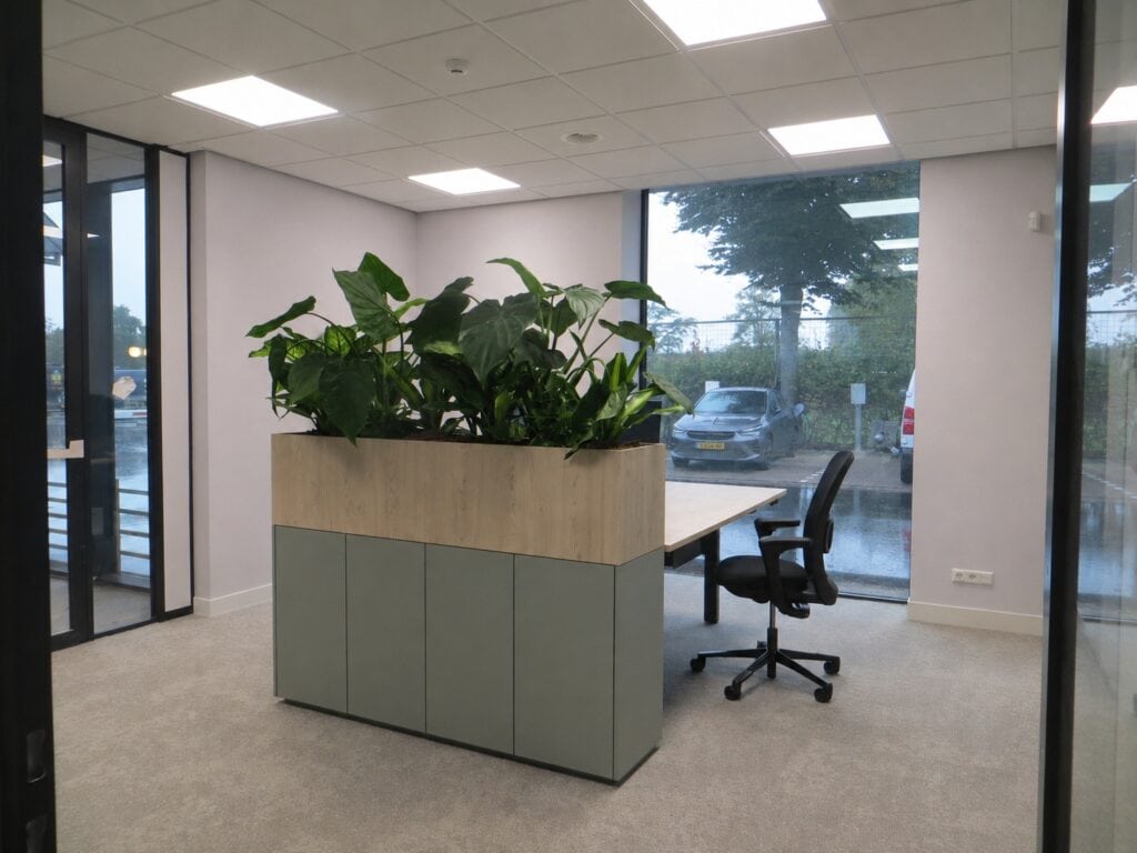 Kantoorruimte met grote groene planten en werkplek bij raam.
