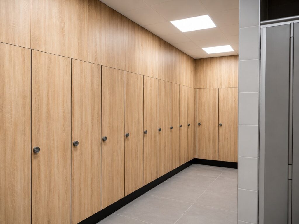 Kleedkamers met houten kastdeuren en moderne verlichting.