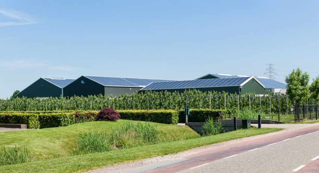 Modern bouwbedrijf met grote loodsen en groene omgeving.
